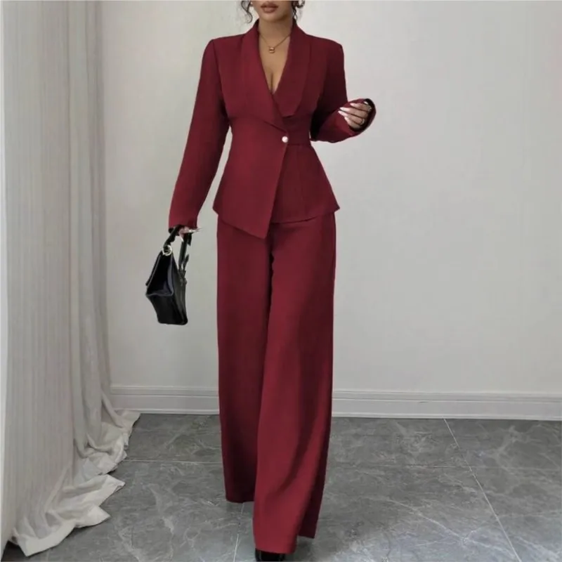Women Asymmetrical Blazer & Wide Leg Pants 2 Piece Set Single Button Belted Waist Elegant Formal Office Outfit Spring Autumn Set