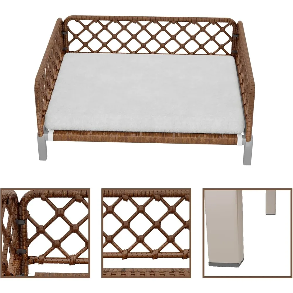 Tempat tidur anjing ortopedi anyaman rotan cokelat dengan bantalan yang dapat dilepas dan dicuci serta penyangga busa egg crate untuk penggunaan di luar ruangan