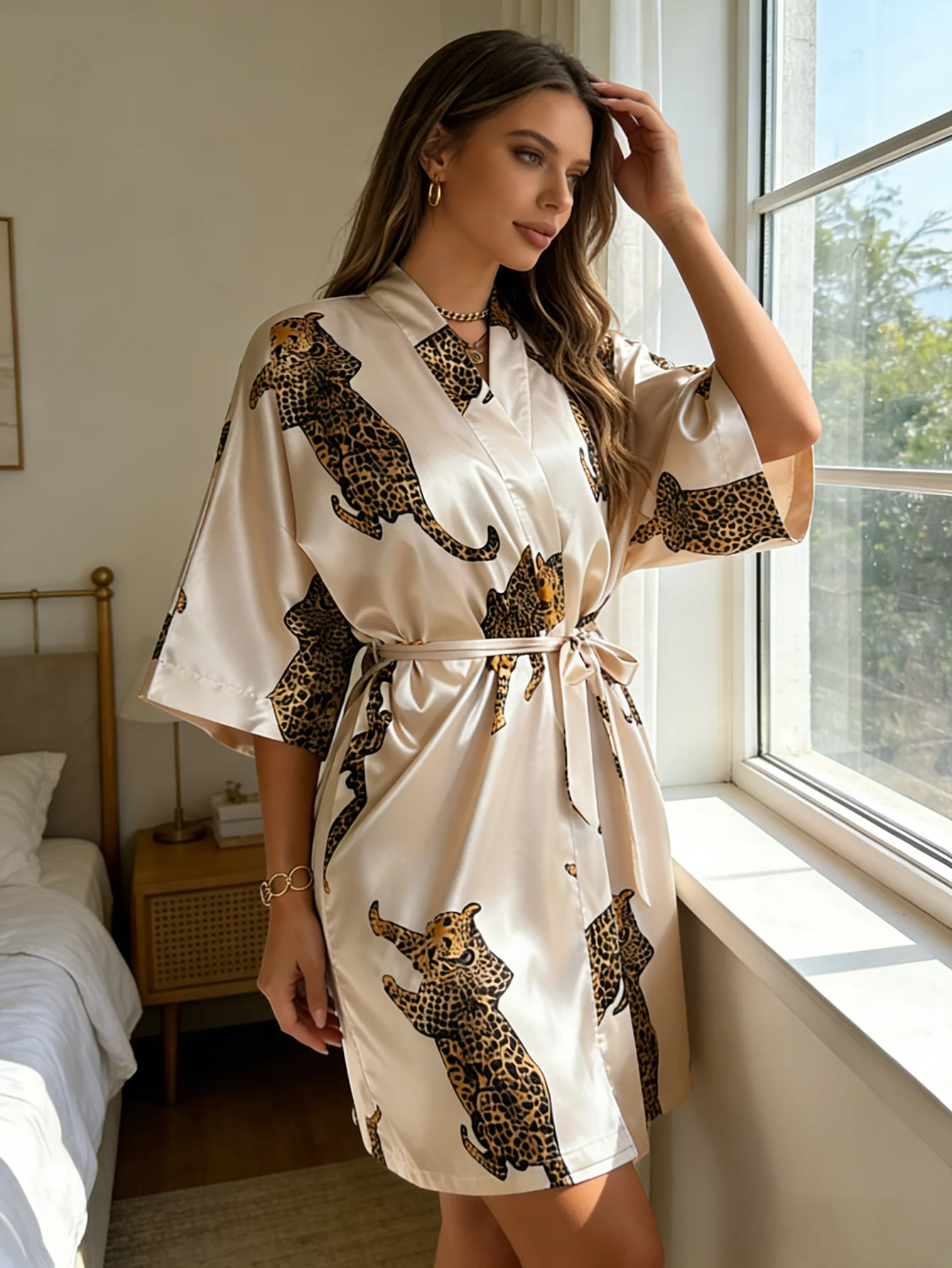 

Womens Fashion One Piece Printed Pajamas Light Luxury Elegant Leopard Print Exuding Charm Tie Belt Kimono Style Robe Outerwear