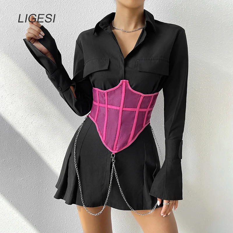 Women Corset Belt Punk Metal Chain Mall Goth Cummerbund High Waist Harajuku Vintage Mesh See Through Waist Shaper Corsets