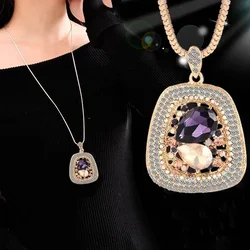 2026 New Semi-precious StoneTrapezoid Pendant Long Necklaces for Women Vintage Square Geometric Female Gifts Jewelry