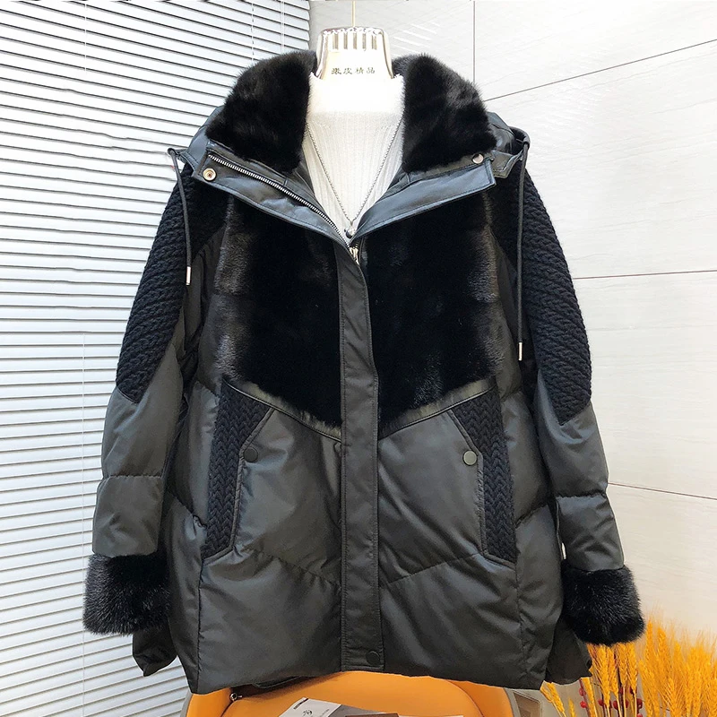 2023 Fashion Autumn Winter Women Coats 90% White Goose Leather Down Jacket Real Mink Fur Collar Thick Warm Luxury Female Coats