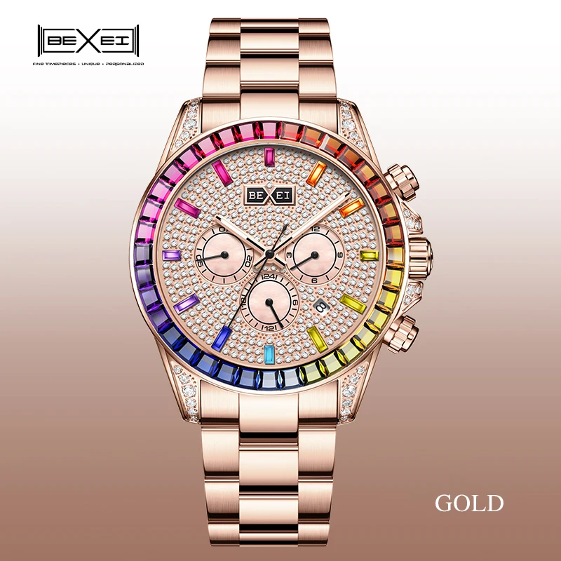 

BEXEI 2025 5ATM Rainbow Crystal Bezel Zircons Dial Movement Mechanical Watch Luxury Sapphire Waterproof