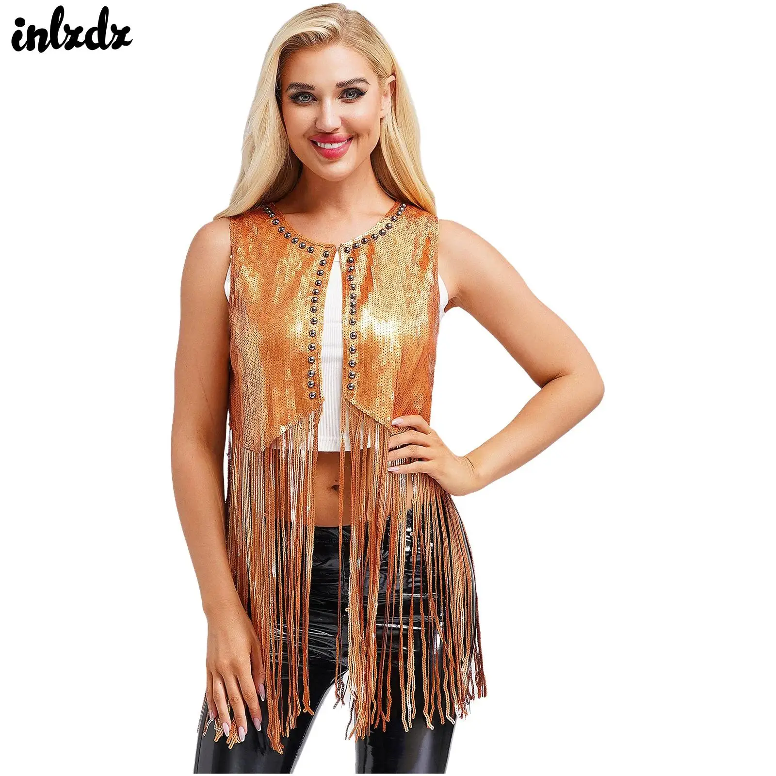 Women Fashion Sequins Vest Tops Sleeveless Sparkle Sequins Plastic Beads Sequins Open Front Tassels Vest Party Club Rave Outfit