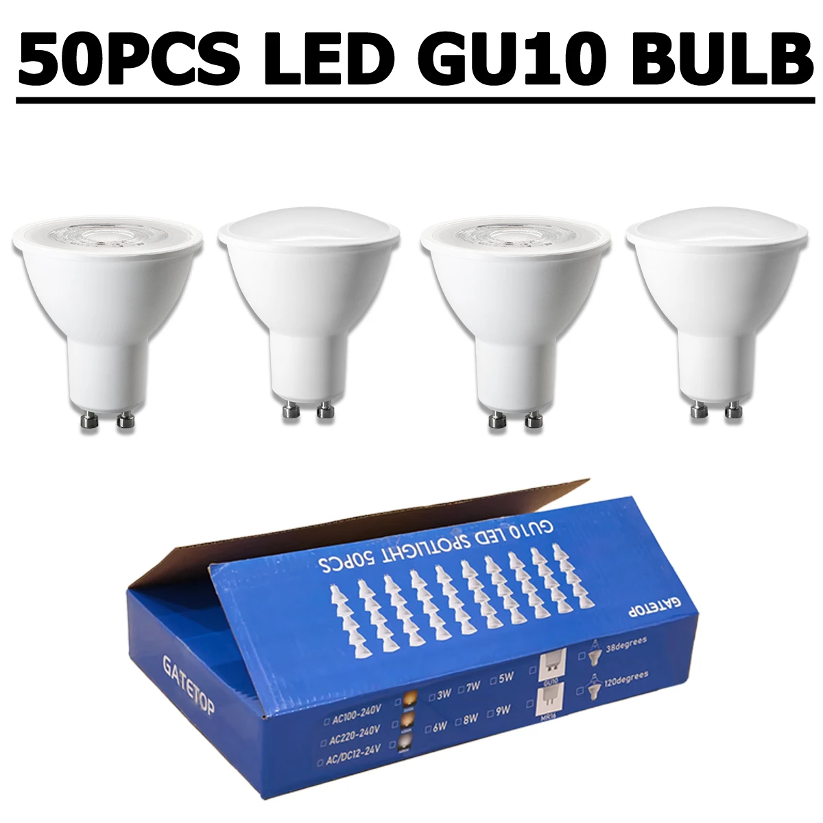 50Pack GU10 LED Bulb Flicker-free Spot Light 3000K 4000K 6000K 3W 5W 6W 7W 8W 9W Ra80+ Cool Lighting for Home Deroc Lights