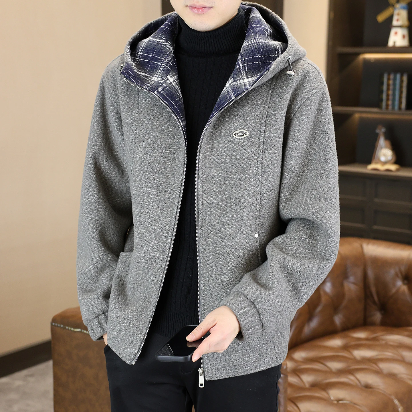 

Korean Fashion Hooded Woolen Jacket for Men Winter Plush Warm Casual Coat Versatile Business Social Overcoat Men Clothing M-4XL