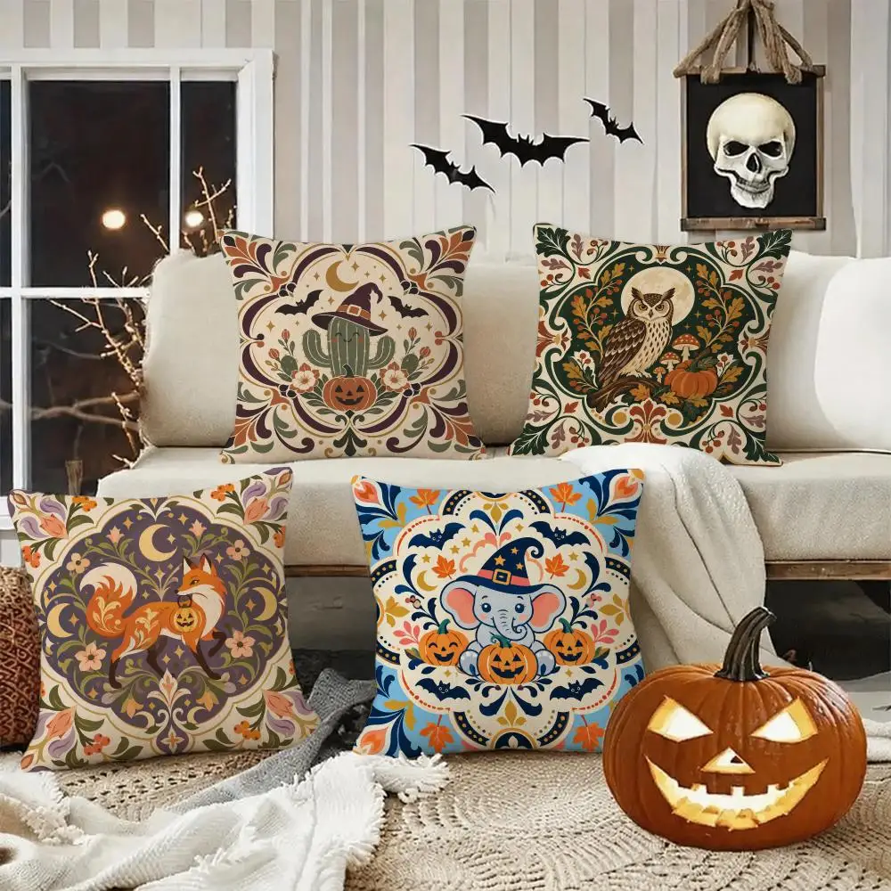 Rustic Spooky Folk Art Cushion Cover Halloween decoration trick or treat cushion cover, ghost, pumpkin head, bat decoration