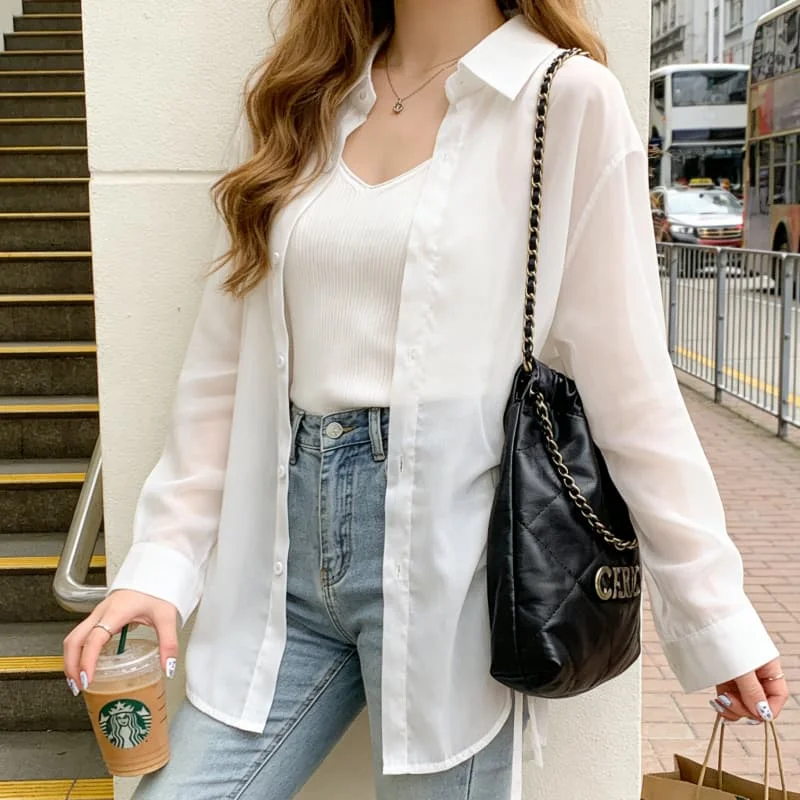 

Новая весенне-летняя солнцезащитная прозрачная женская рубашка-кардиган с отложным воротником, однотонная, с длинными рукавами, на завязках, свободного кроя, шикарная блузка