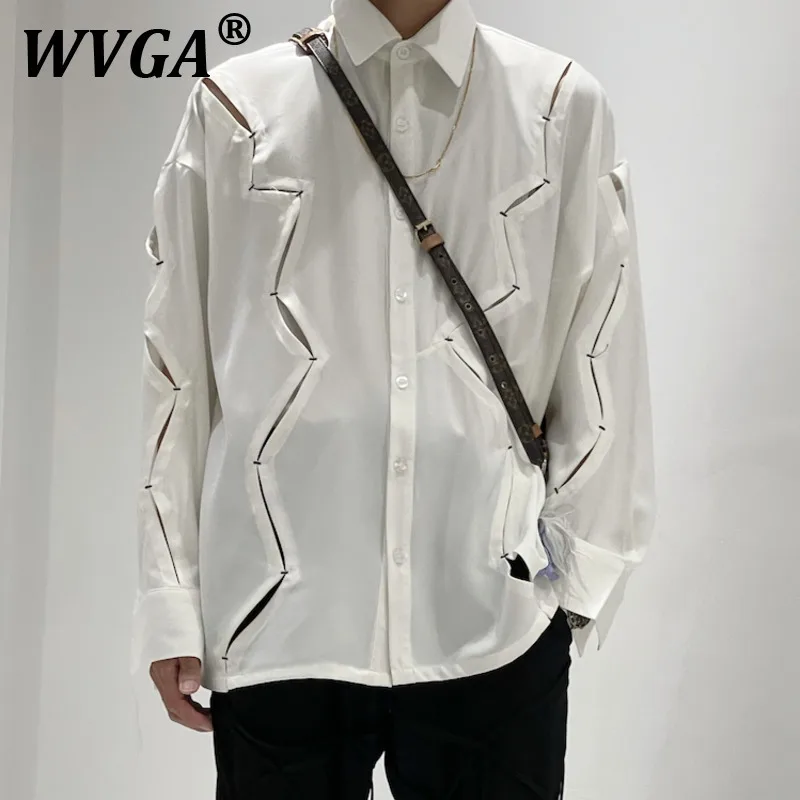 

WVGA Autumn Winter New Man Tide High Street Hollow Out Hole Design Trendy Long Sleeve Shirt Niche Chic Casual Top Ins Y2K W9532