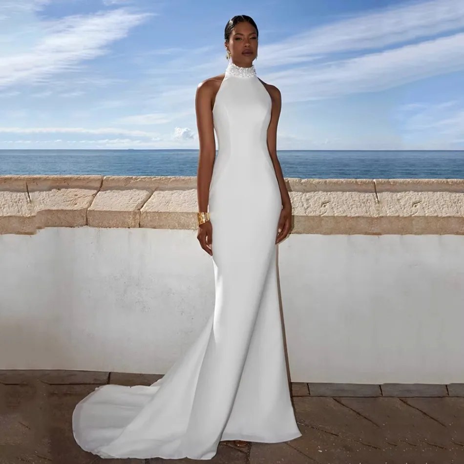 Satin Wedding Dress High Rhinestone Beaded Halter Neck Mermaid Bridal Gowns Sweep Train Simple Elegant Bride Vestido De Noiva