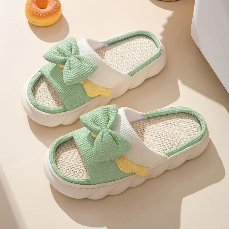 Linen Slippers Women Indoor Slippers Comzy Anti-Slip House Cotton Shoes Cute Bowknot Flat Slipper Couples Slides Spring Summer