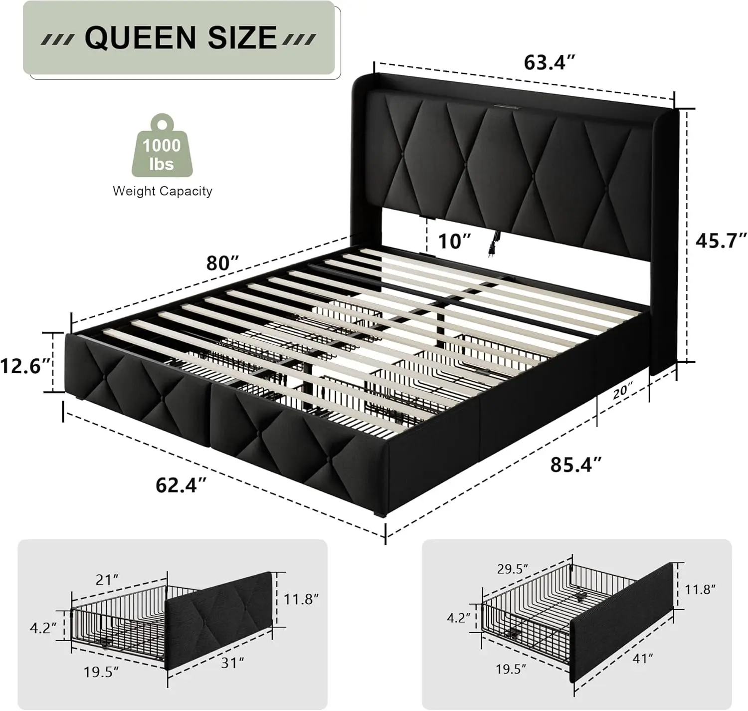 Queen Bed Frame with 4 Storage Drawers, Upholstered Platform Bed with Charging Station, Wingback Storage Headboard, Black