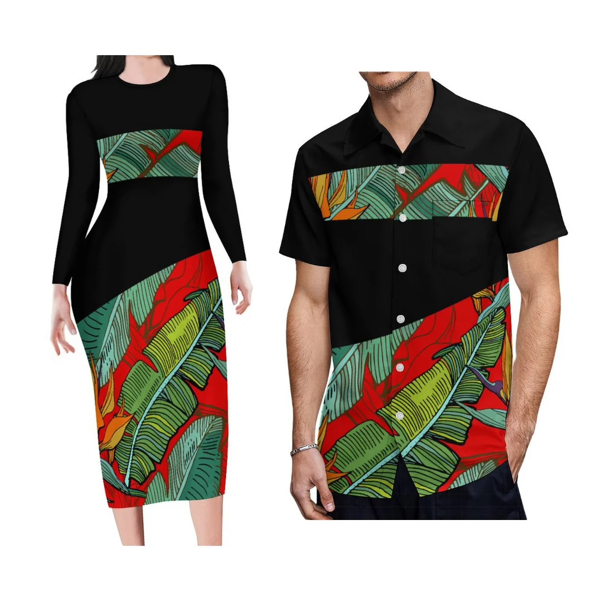 

Women'S Long Sleeve Tight Sexy Dress Men'S Printed Design Shirt Polynesian Tribe Tropical Couples Costume