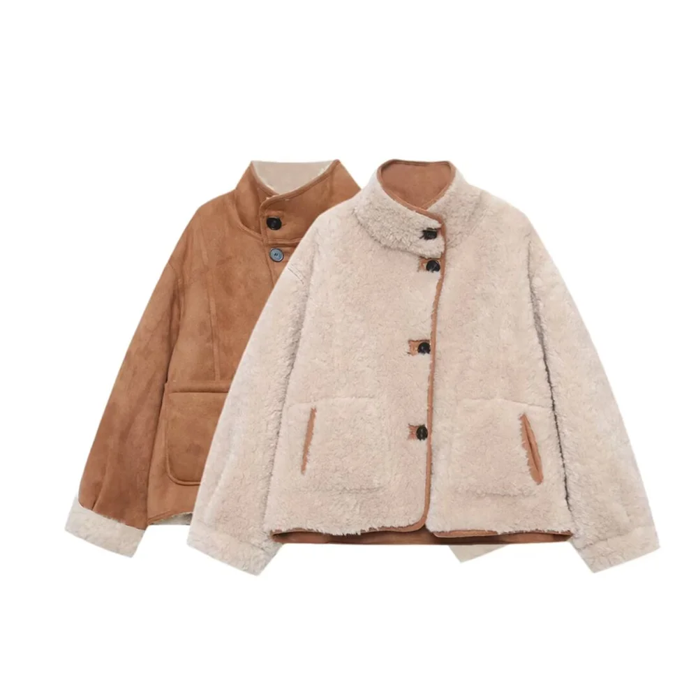 

2025 Winter New Product Women's Fashion Casual Stand up Collar Long Sleeve Double sided Two sided Jacket Coat