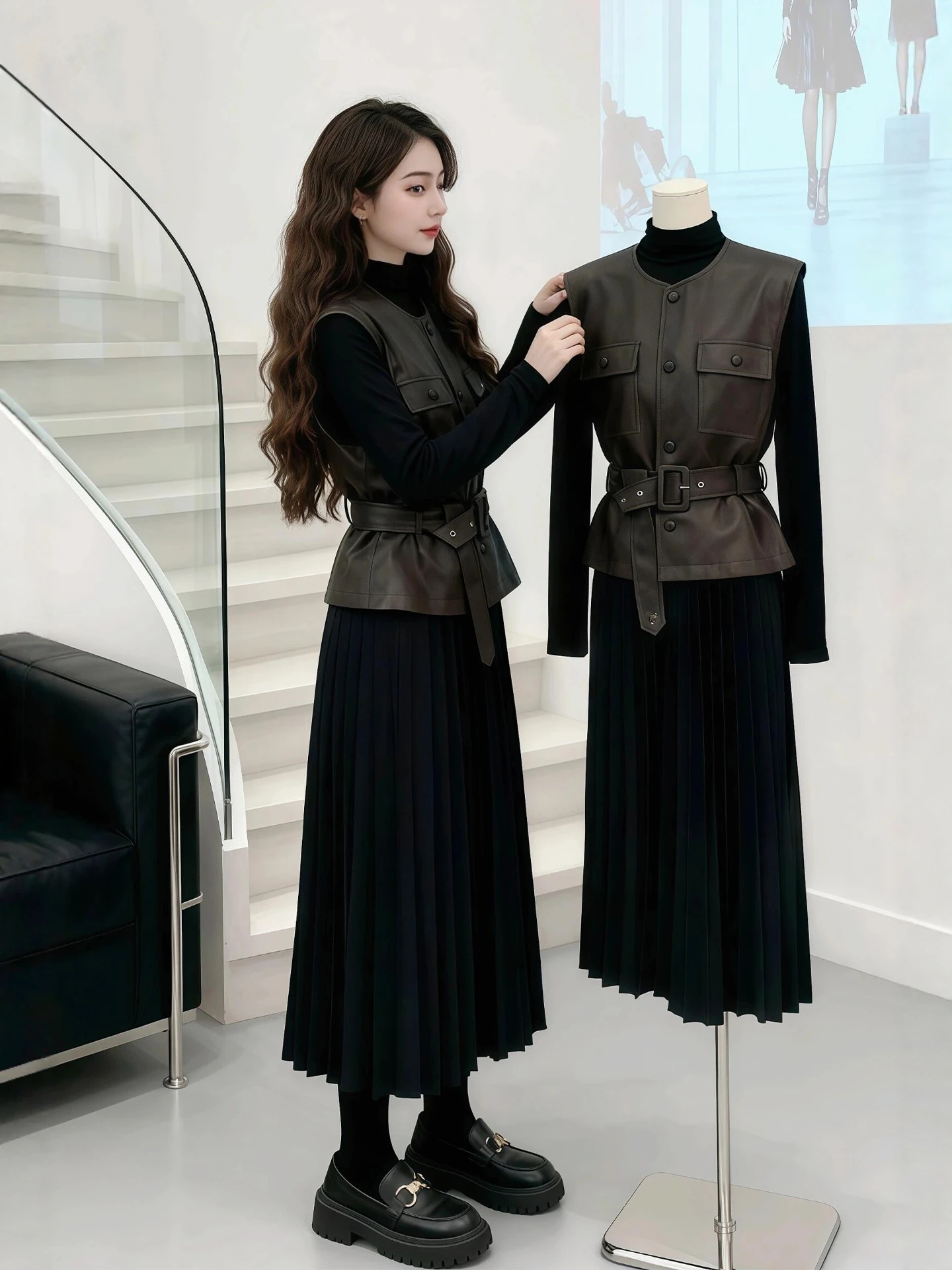 

Faionable Retro plus Size PU Leather Vest Dr Women's Two-Piece Set Autumn Winter High Waist Loose Fit round Ne Button up