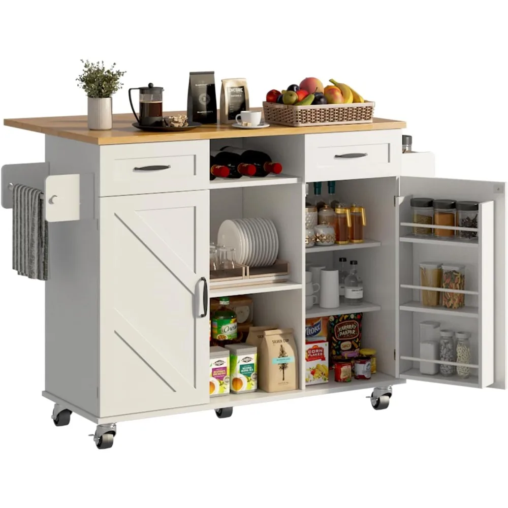 Farmhouse Style Mobile Kitchen Island with Storage and Drop Leaf on Wheels