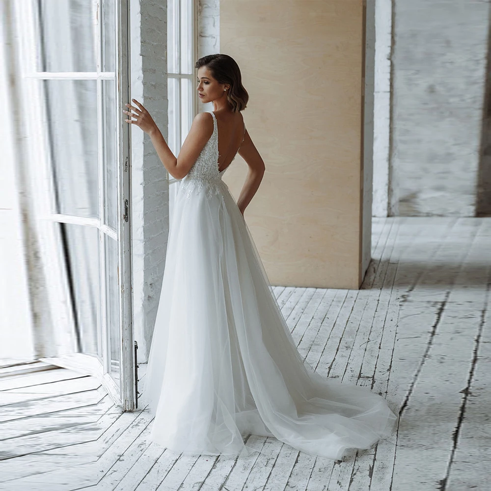 2024 Illusie Rugloze Vrouwen Trouwjurken Diepe V-Hals Bruidsjurken Sexy Mouwloze Kanten Appliques Elegante Vestidos De Novias