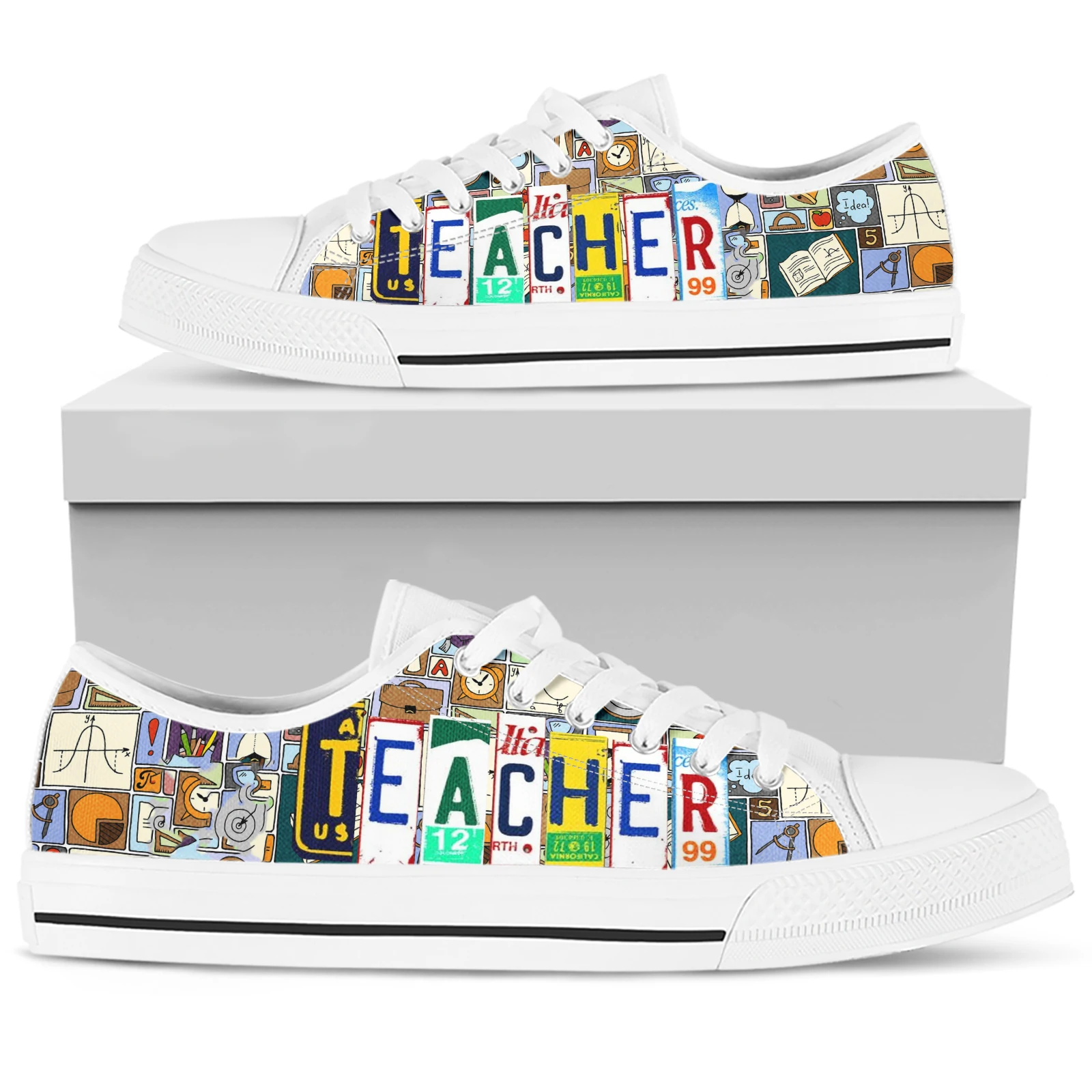 School Bus Teacher Pattern Print Black Sneaker Shoes For Men Women