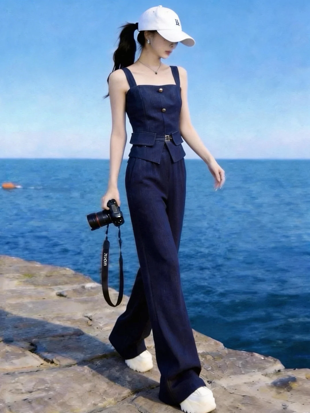 

Fashionable Hong Kong Style Denim Simulation Set Women's Summer High Waist Wide Leg Pants Top Bottoms Two-Piece Ensemble