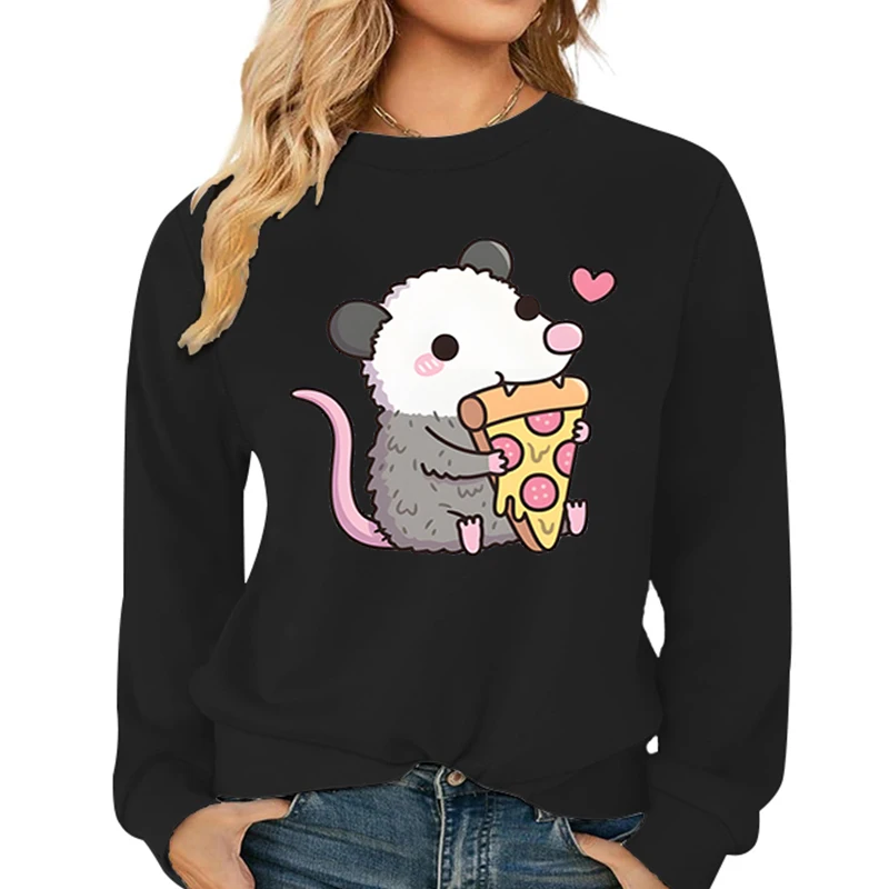 Lovely Opossum Pizza Hoodies Women Fashion Cartoon Animal Pullover O-Neck Kawaii Opossum Women's Clothing Long Sleeve Sweatshirt