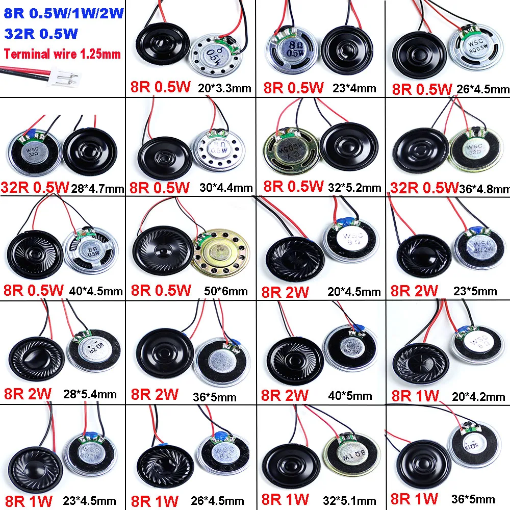 1PCS Ultra Thin Speaker 8 Ohms 2 Watts 2W 8R Diameter 20MM 23MM 28MM 36MM 40MM With MX Wire1.25 Terminal Wire Length 15cm