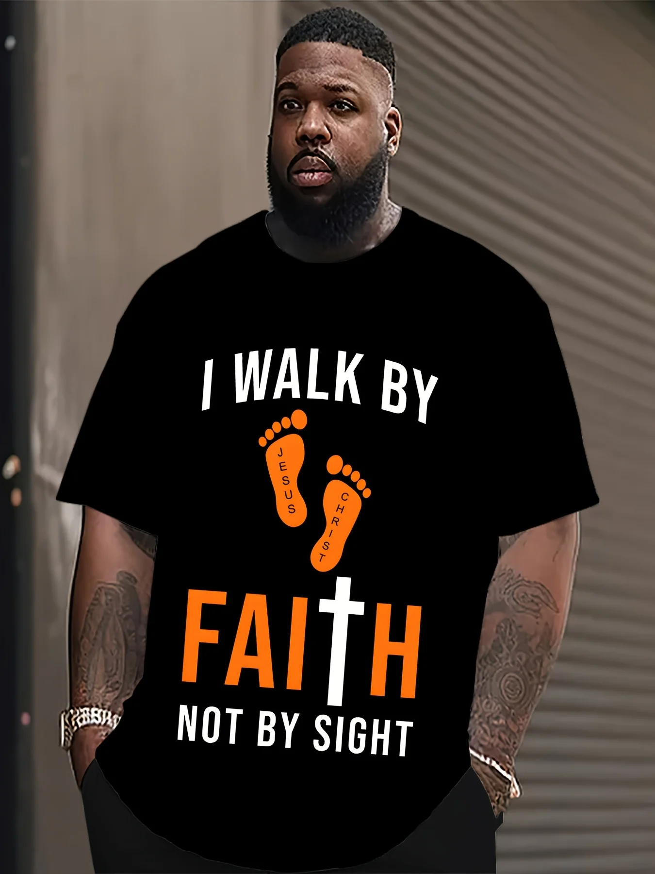 

Men's Christian T-shirt - "Walk by Faith" Bible verse and Jesus' cross footprint design