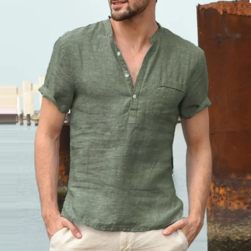 Herren Baumwoll-Leinen Henley Kurzarm-T-Shirt Leicht Atmungsaktiv Einfarbig Lässiger Lockerer Schnitt Sommer Strand Urlaub Oberteil – Detail 4
