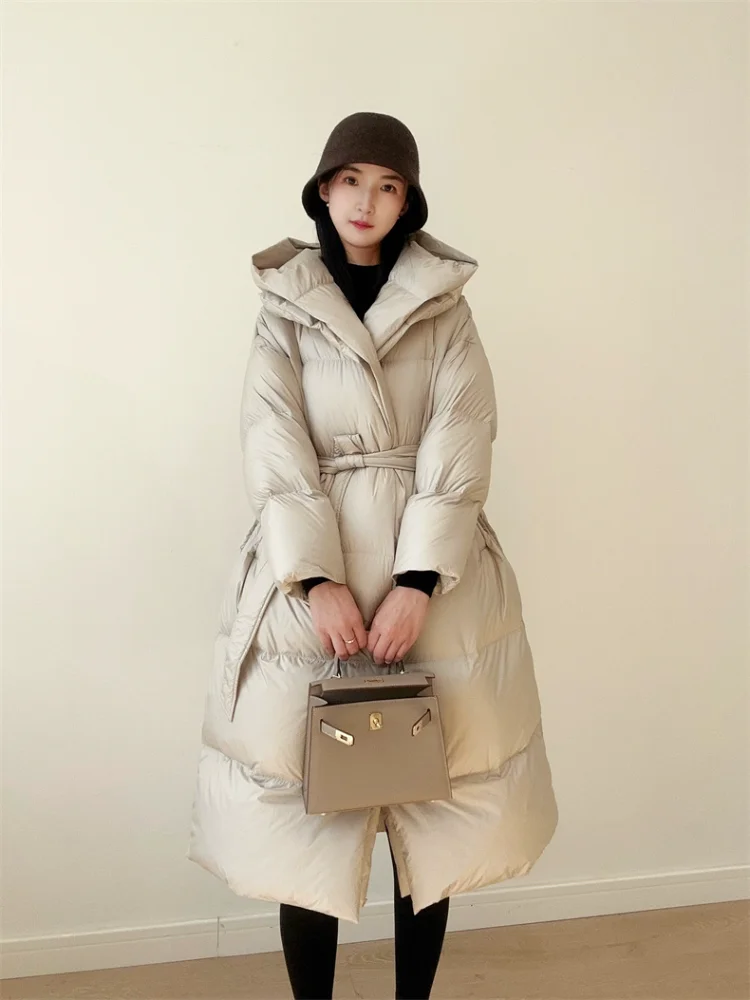 Manteau long en duvet de canard pour femme avec ceinture, veste chaude à capuche, vêtements de neige minces, monochromatique, faux 2 pièces élégants, mode 90%