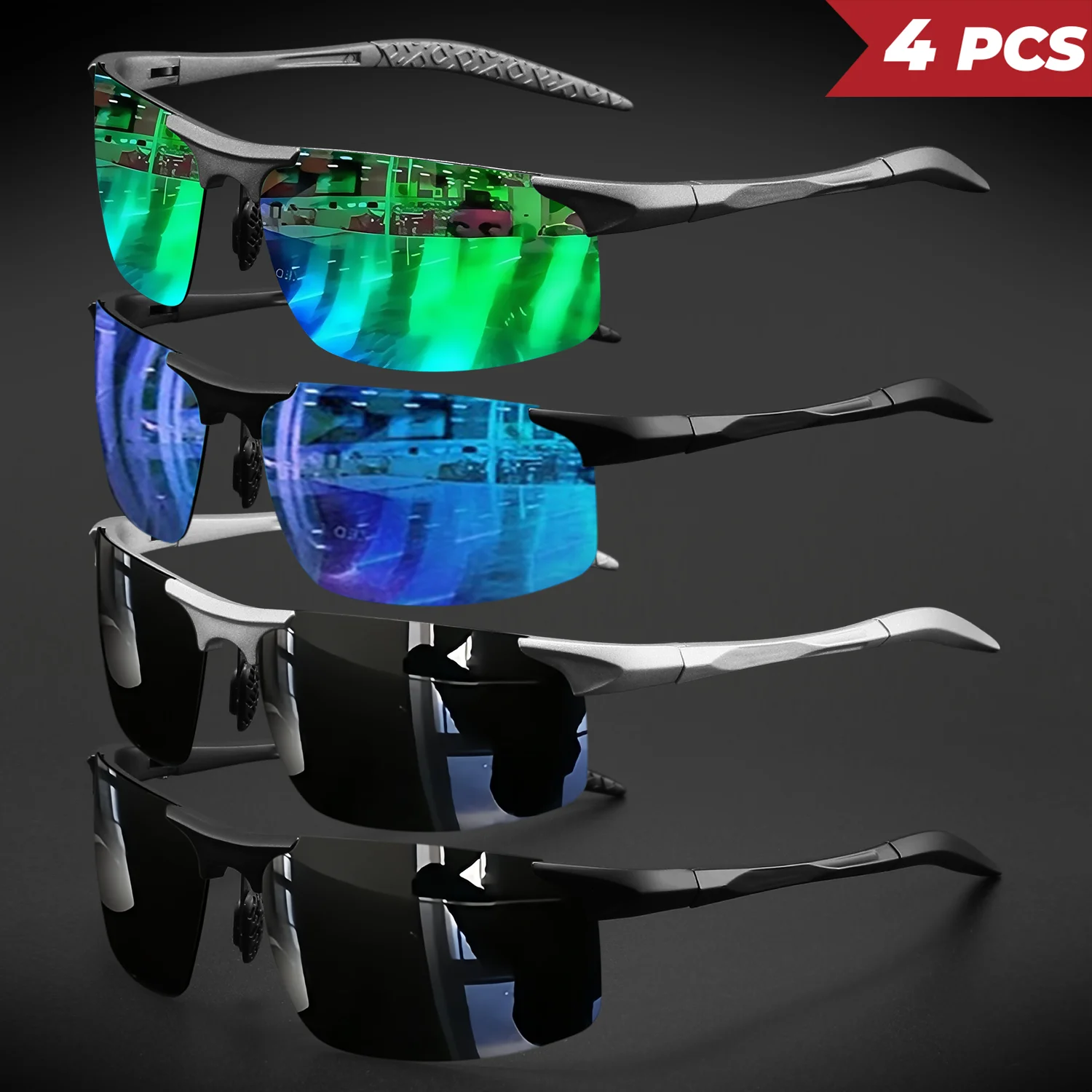 Image of 4 Stück klassische, farbenfrohe, halbrandlose polarisierte Outdoor-Sonnenbrille – Federscharnier, UV400 zum Fahren, Angeln und für den täglichen Gebrauch