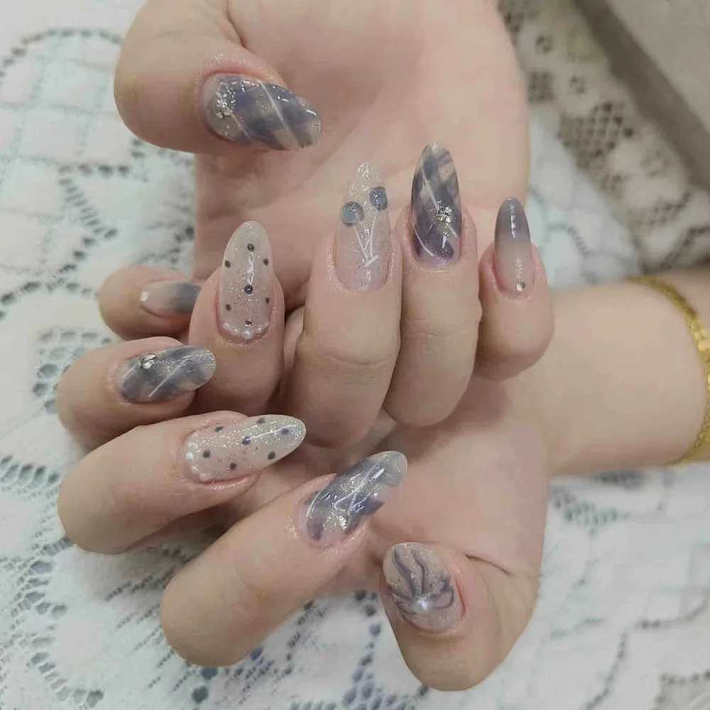 

24pcs Blue Gradient Fake Nails Press On Acyrlic Nails Plaid Glitter False Nails 3D Bow Decor Long Almond y2k Diamond Wearable