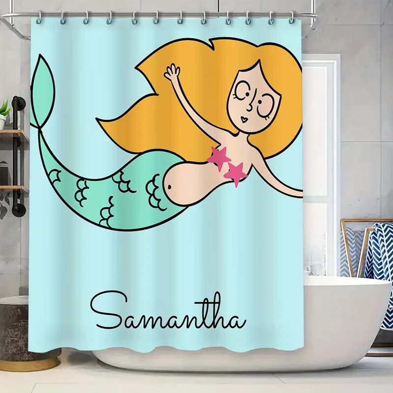 

Personalized Mermaid Shower Curtain with Custom Name Blue Tail, Blonde Hair for Bathroom Decor