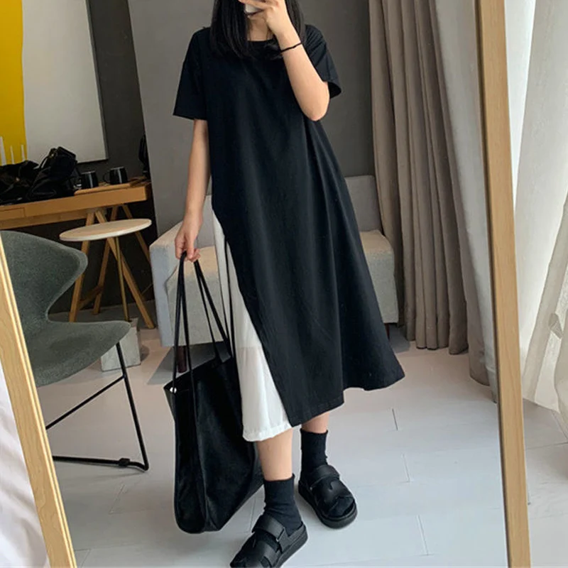 Vestido falso de retalhas de duas peças, gola redonda, manga curta, assimétrico, bandagem, saia linha A, cor de contraste, moda elegante, verão