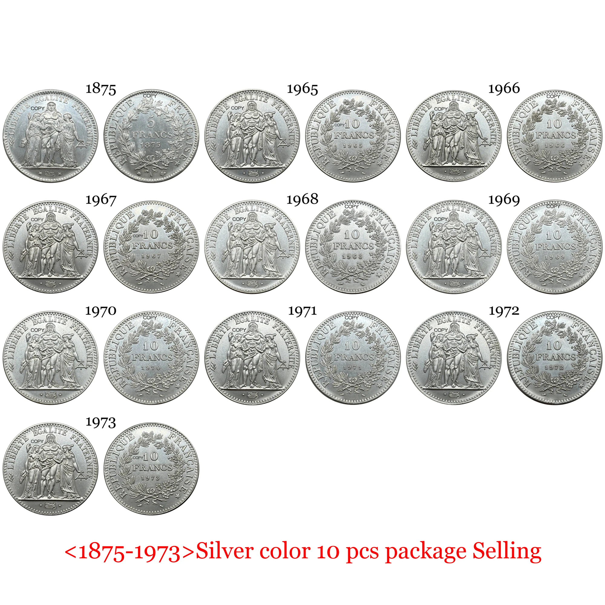 

Франция Метрополитен 1965- 1973 10 шт. Продажа 10 франков Пятая Республика Мельхиор Позолоченная серебряная копия монеты Свобода Памятная