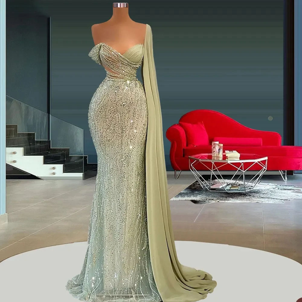 Sexy Mermaid Prom Dresses One Shoulder Sleeveless Applique Sequins Elegant Formal Party Evening Gowns Arabic Vestidos De Fieast