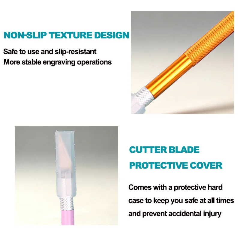 Portable engraving pen knife set, comes with 5 spare blades, features a non-slip textured alloy handle, and the sharp, thin blades allow for clean and precise fabric cutting and fine trimming. It is also suitable for r