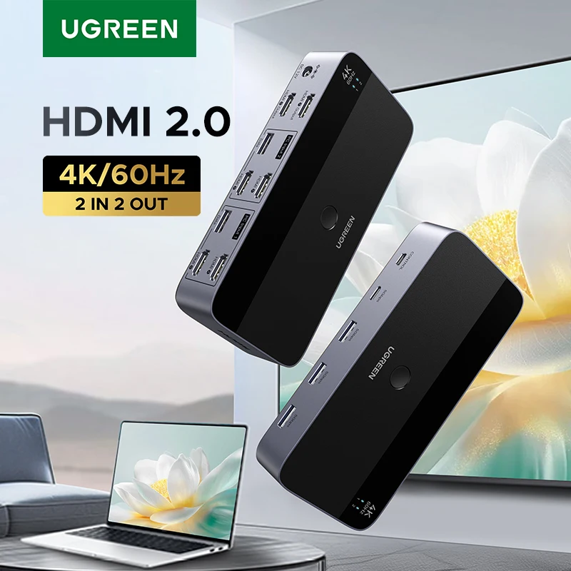 UGREEN HDMI KVM Switch for 2 Monitor 2 PCs 4K 60Hz USB C USB 3.0 Sharing Monitor Keyboard Mouse Printer with HDR 3D Support