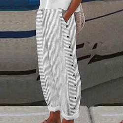 Summer Striped Print Long Pants Women Fashion Single Breasted Loose Trousers Casual Versatile Ankle Length Female Trousers