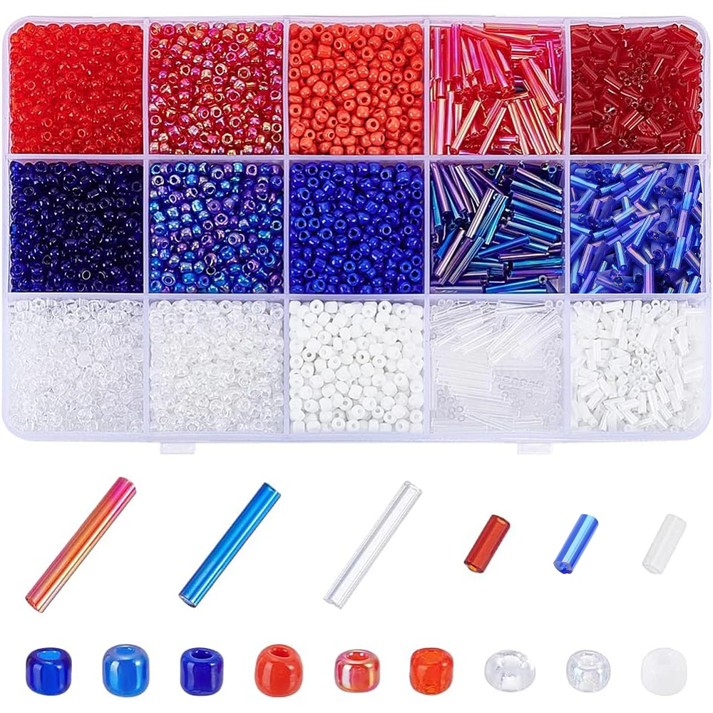 5000pcs+ 3mm Glass Seed Beads for 4th of July 15 Style Patriotic Bead Beads Red Blue Bead for Jewelry Making