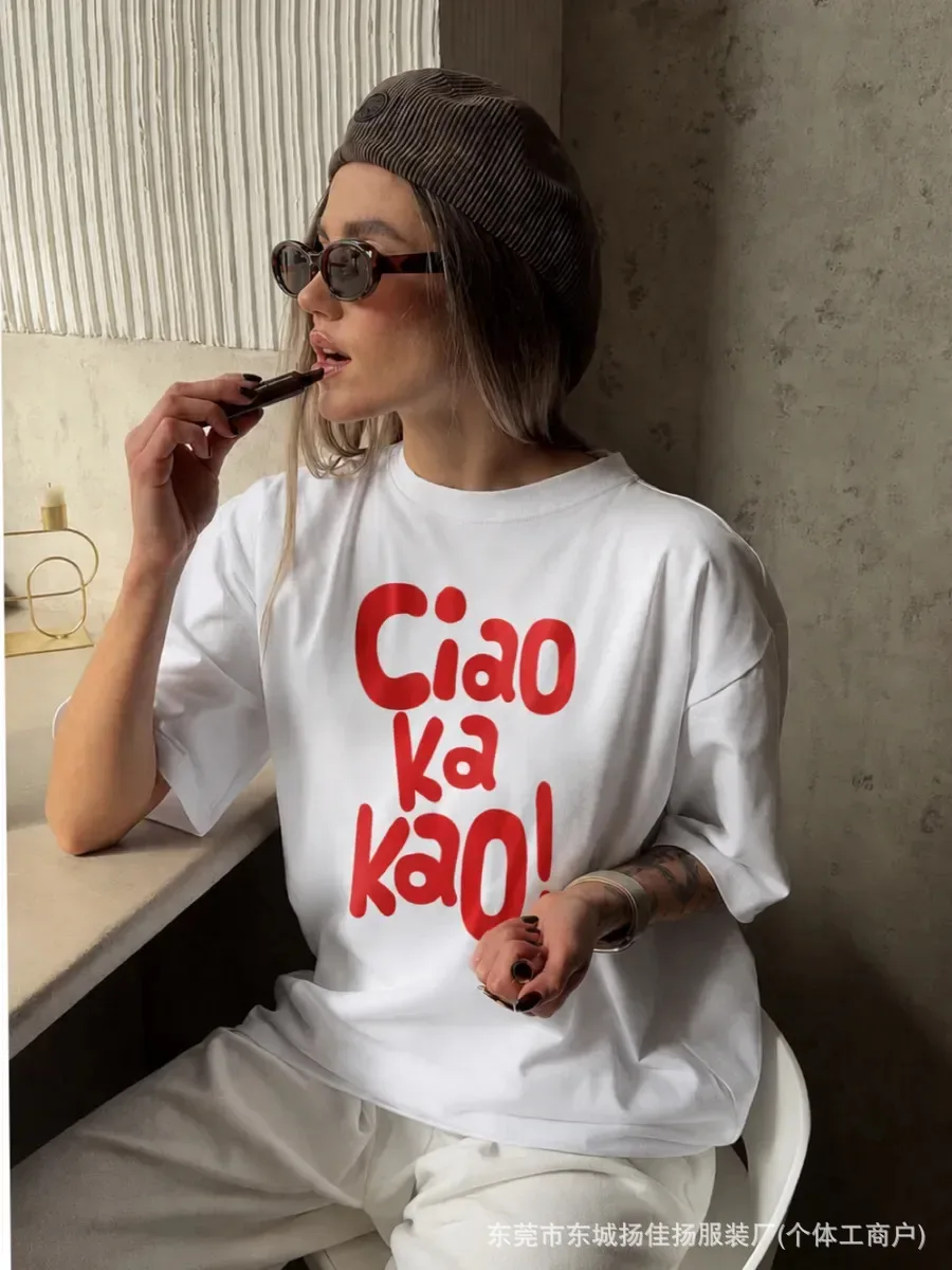 Italian Minimal White Oversized Tee Bold Bubble Red Ciao Ka Kao Hand Letter Front Print Soft Cotton Loose Women Street T Shirt