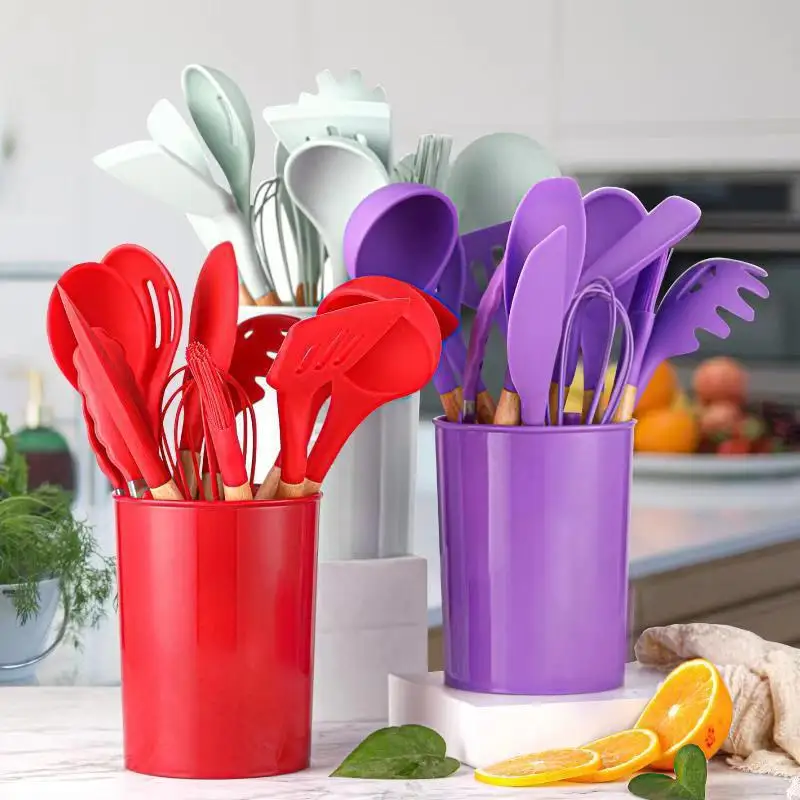 12PCS Silicone Kitchenware Non-Stick Cookware Kitchen Utensils Set Spatula Shovel Egg Beaters Wooden Handle Cooking Tool Set