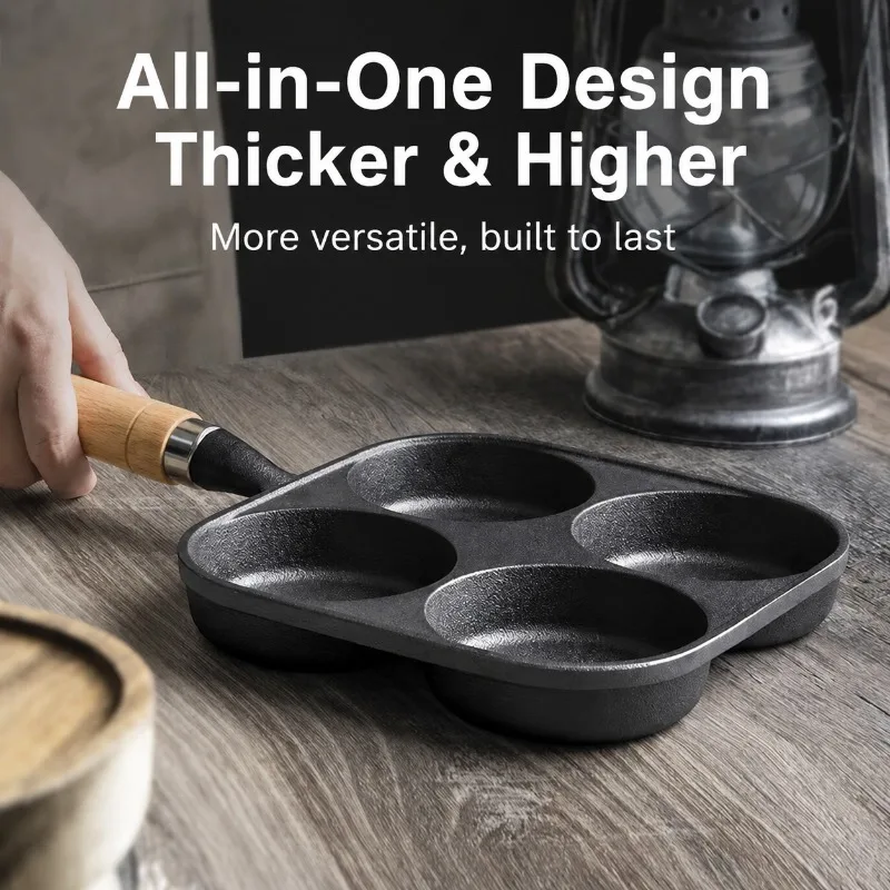 4-Hole Cast Iron Pan Non-stick Deepened Skillet Household Cookware Multi-grid Design for Frying Egg Burger  Quail  Egg
