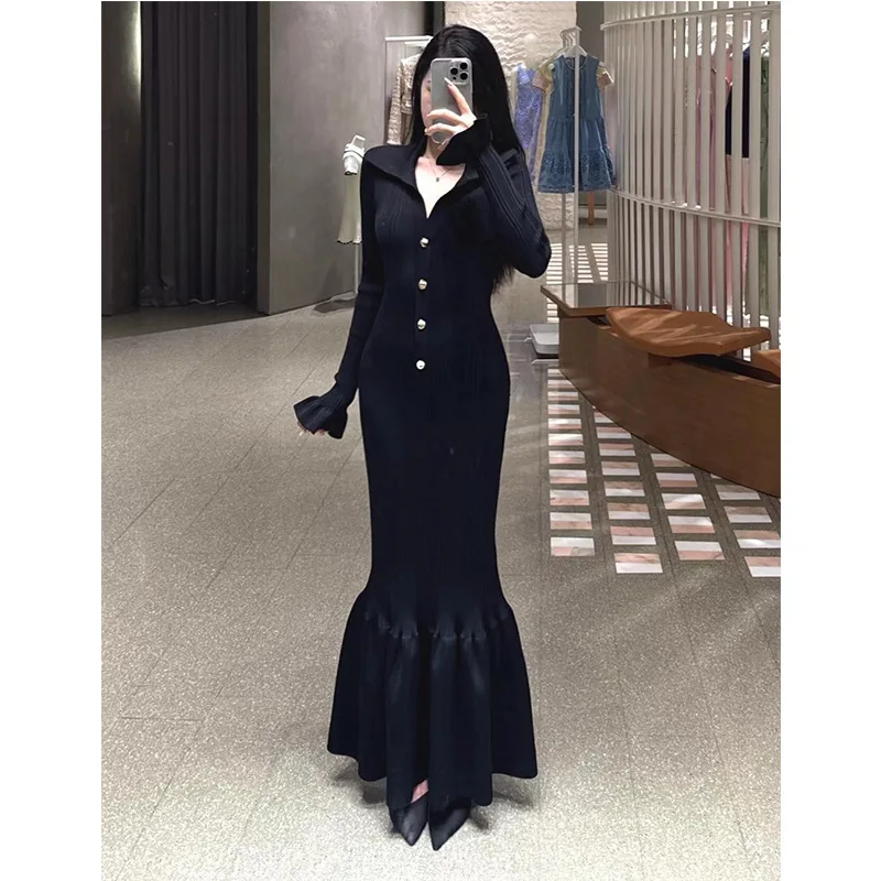 Lady Fall Winter Turn-down Collar Flared Long Sleeve Stitching Slim Fitted Women Single-breasted Knits Long Solid Dress