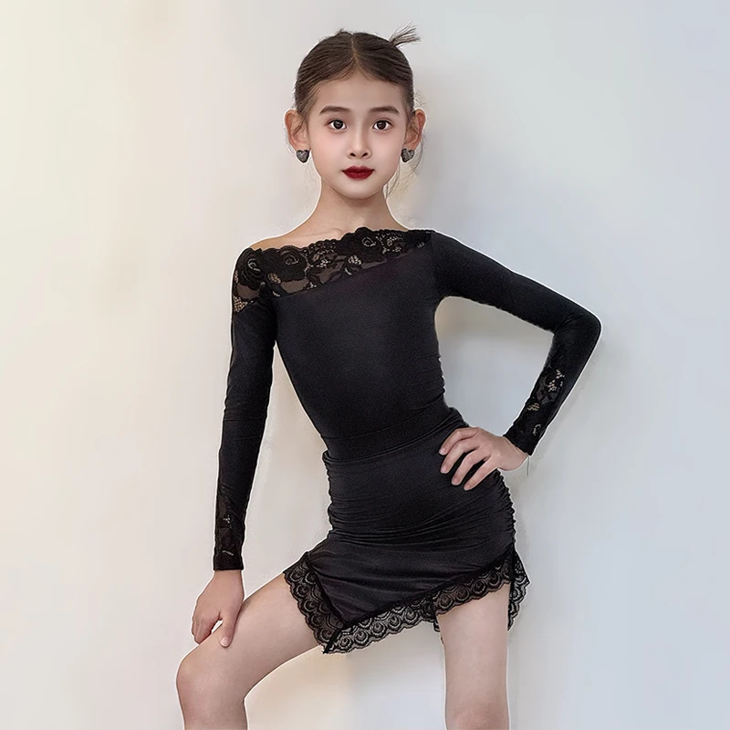 

2026 Latin Dance Clothes Girls Performance Clothing Lace Trim Black Dance Suit Long Sleeve Bodysuit Practice Set Dancewear 5042