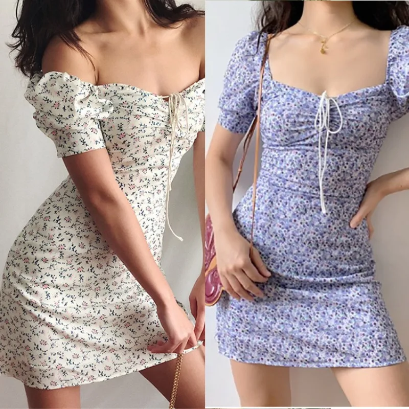 

Fashion Floral Printing Female Dress Sexy Slash Neck Short Dresses for Women Party Elegant 2023 Lace-up Summer Dress for Beach