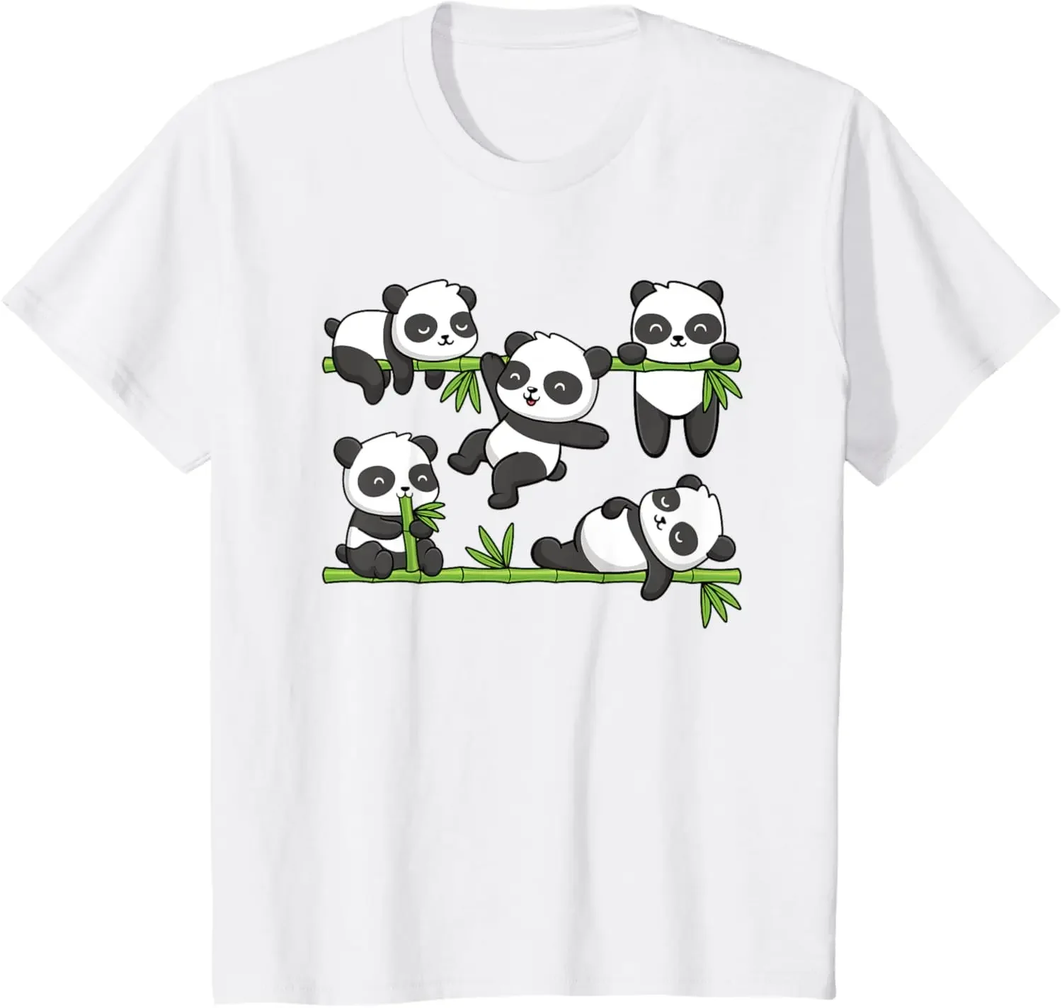 

Cute Kawaii Baby Pandas Eating Bamboo Graphic Tee Soft Cotton Crewneck T-Shirt For Men
