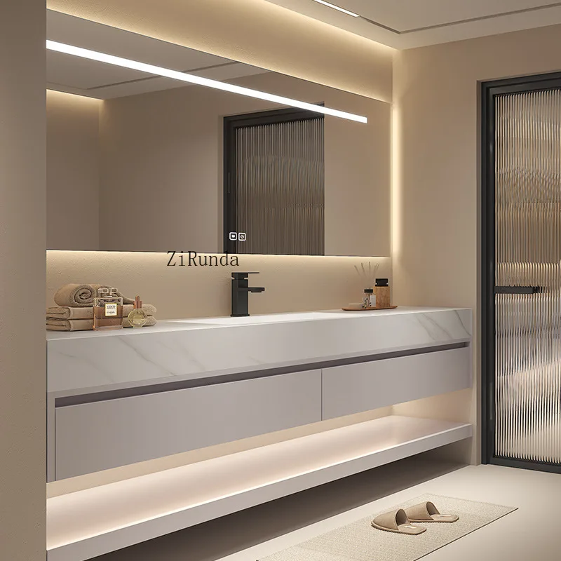 High-end rock slab smart bathroom cabinet bathroom solid wood bathroom cabinet combination washstand
