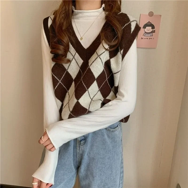 Rompi Sweater wanita, Argyle Harajuku High Street ramping tanpa lengan Tender Fashion rajut Jepang leher V sekolah gadis Retro