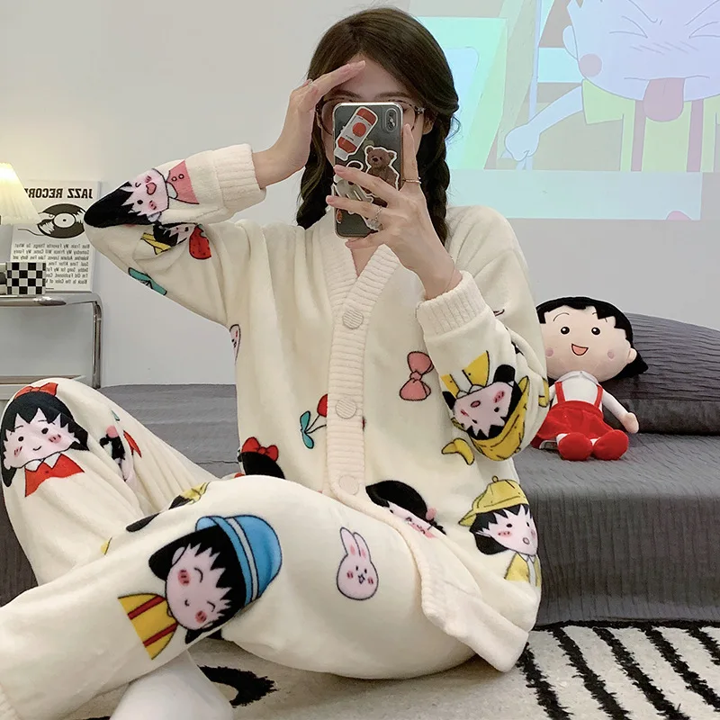 Cute Cartoon Kawaii Crayon Shin-chan Winter Sleepwear Women's V-Neck Cardigan with Thick Flannel Set for Home Wear