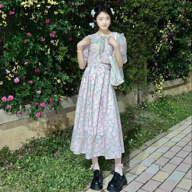 

Floral Blouse Skirt Sets Women Sweet Design Ladies Tender Leisure Summer Students Peter Pan Collar Simple Japanese Style Fashion