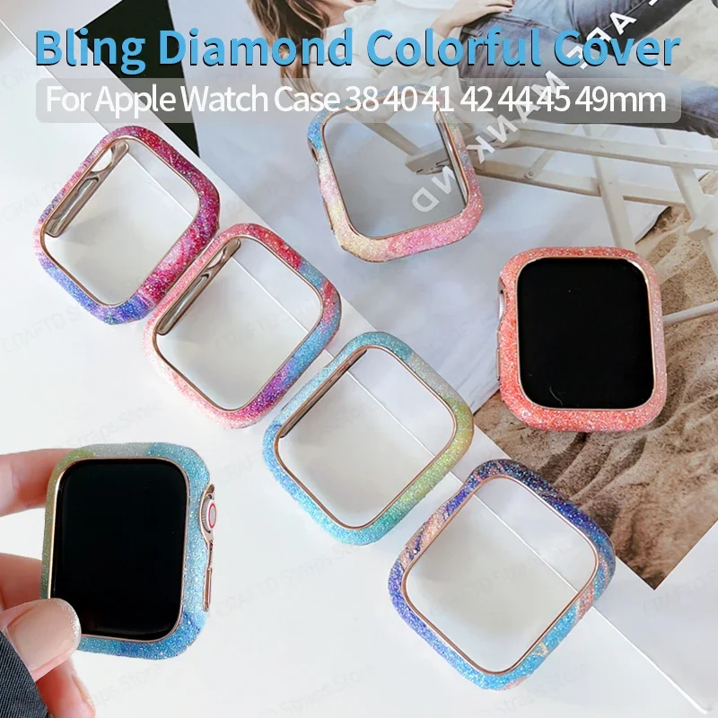 

Bling Diamond Cover for Apple Watch Case 45mm 41mm 44mm 40 49 Colorful Hard Shell for IWatch Series 10 9 8 7 SE 6 5 4 Protective